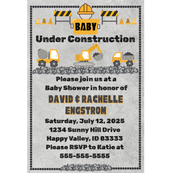 Baby Under Construction 5 x 7 Customizable Baby Shower Invitation Digital Download