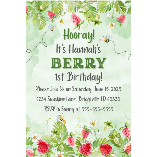 Berry 1st Birthday 5 x 7 Customizable Invitation Digital Download