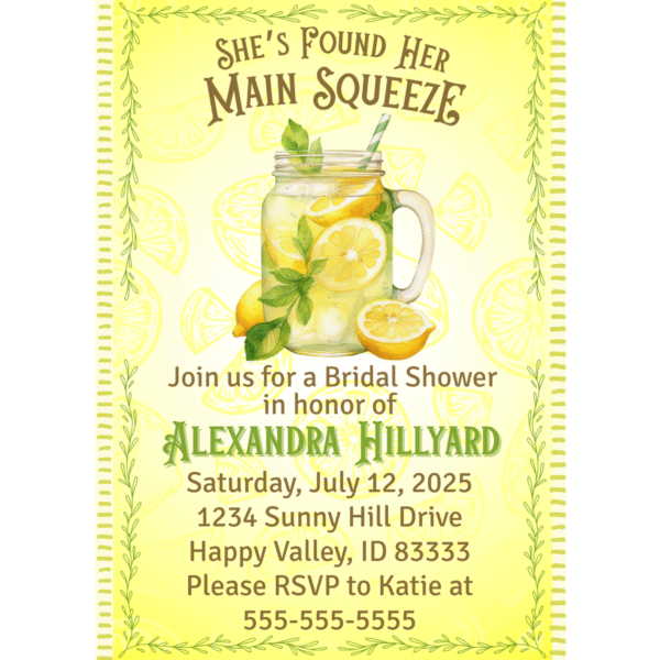 Main Squeeze 5 x 7 Customizable Bridal Shower Invitation Digital Download