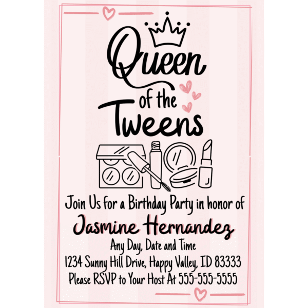 Queen of the Tweens 5 x 7 Customizable Birthday Invitation Digital Download