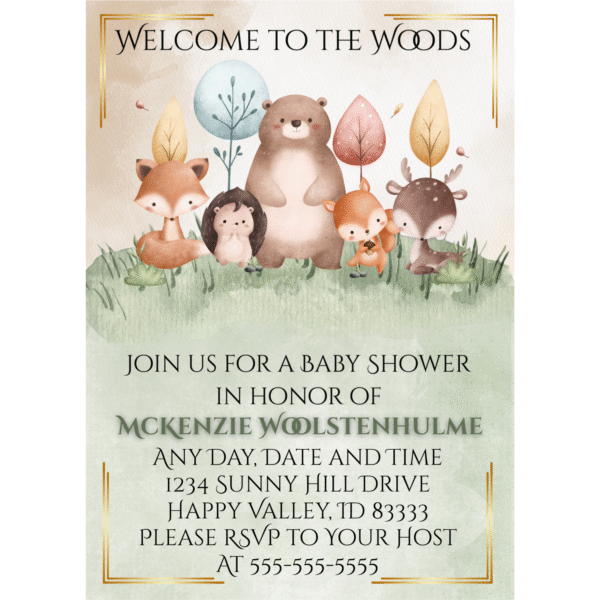 Welcome to the Woods 5 x 7 Customizable Baby Shower Invitation Digital Download