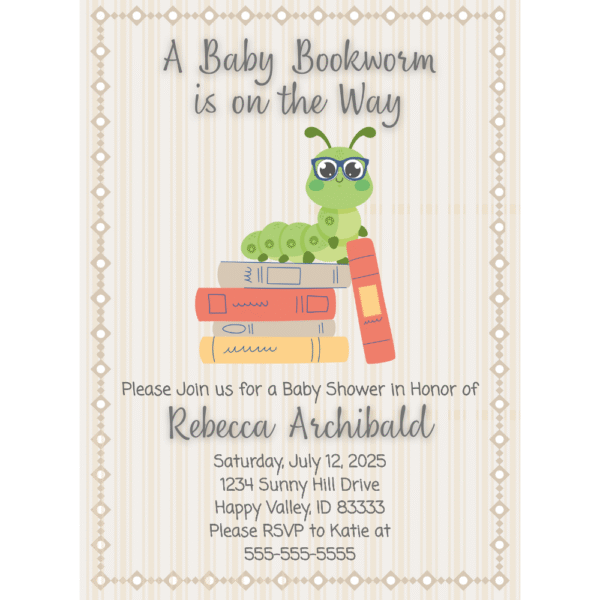 Baby Bookworm Customizable 5 x 7 Invitation Digital Download