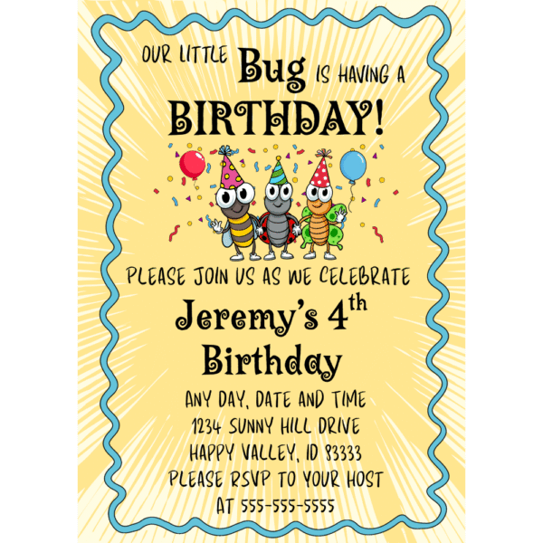Little Bug Birthday Customizable 5 x 7 Invitation Digital Download