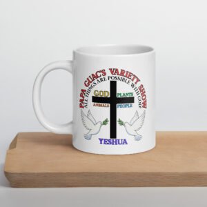 Papa Guac's Variety Show White glossy mug